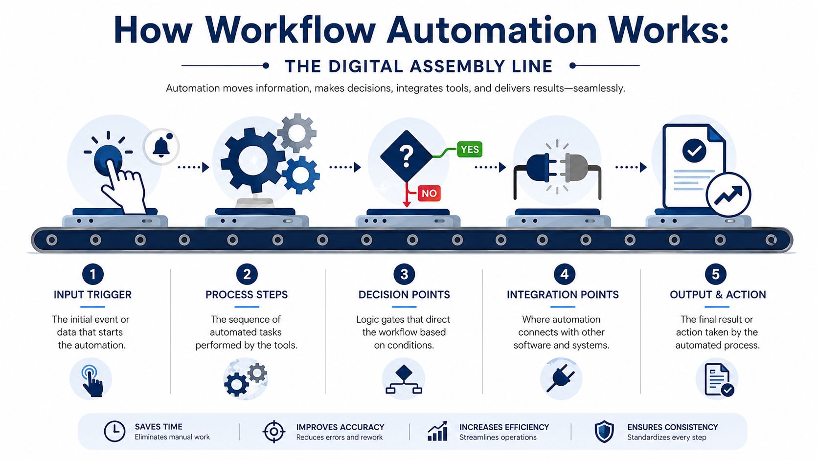 An infographic showing the five-step process of how workflow automation works using a digital assembly line metaphor.