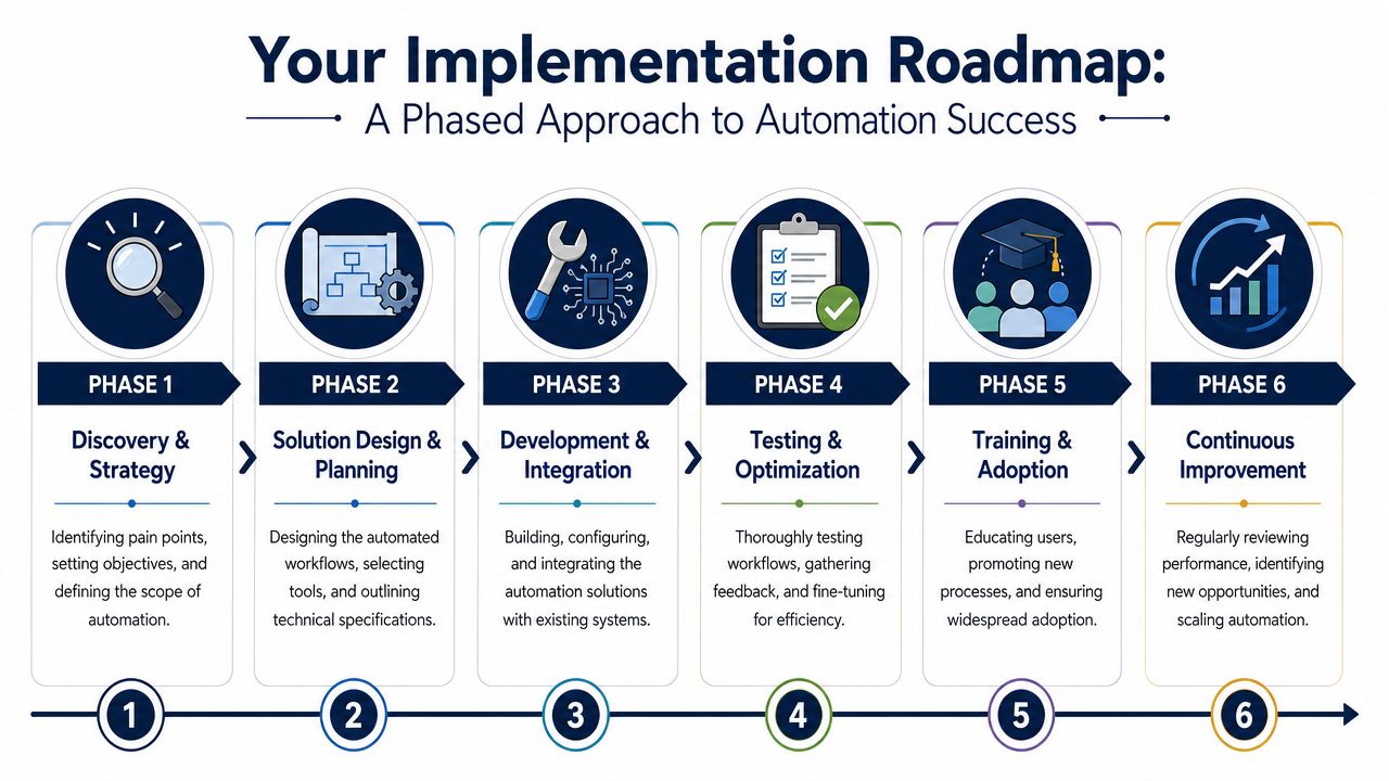 A six-phase implementation roadmap for automation success covering discovery, design, development, testing, training, and continuous improvement.