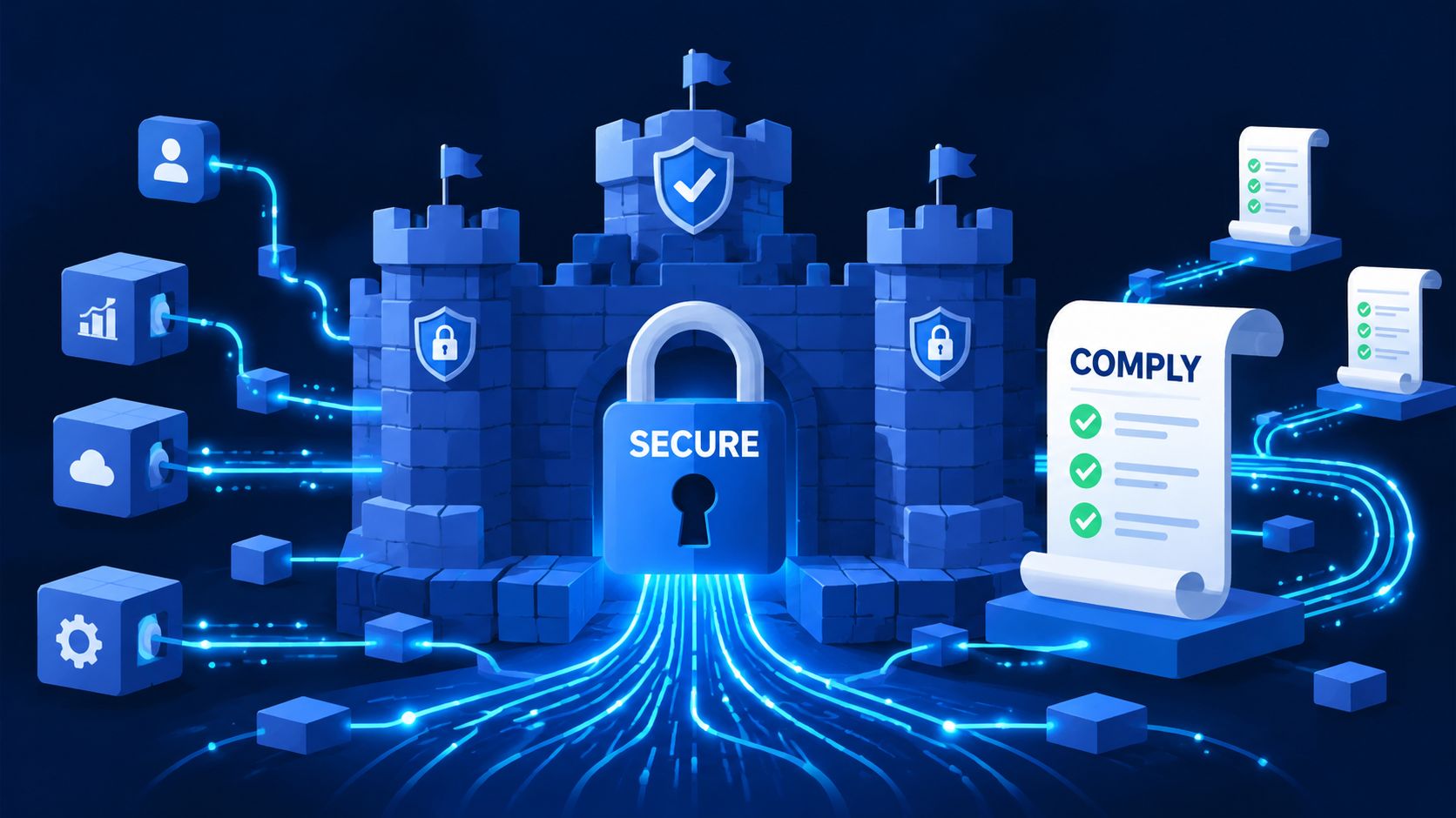 A 3D illustration showing a secure digital castle gateway connected to workflow compliance and data processing blocks.