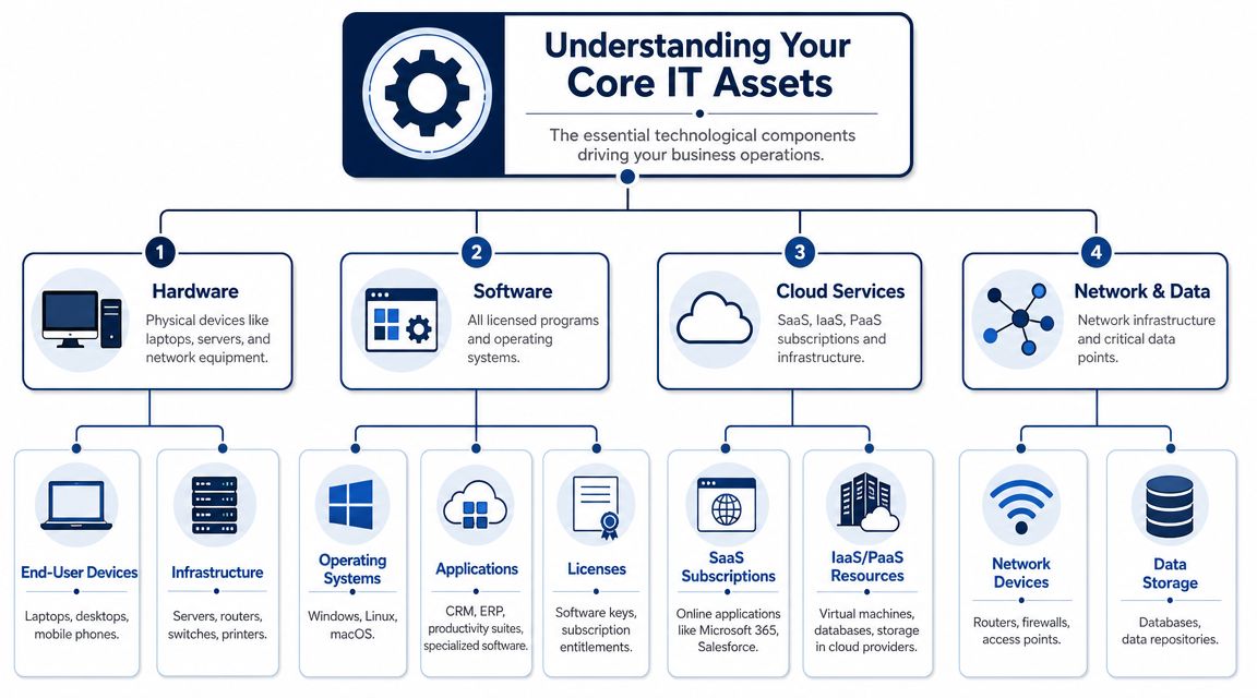 An infographic titled Understanding Your Core IT Assets, detailing hardware, software, cloud services, and network data categories.