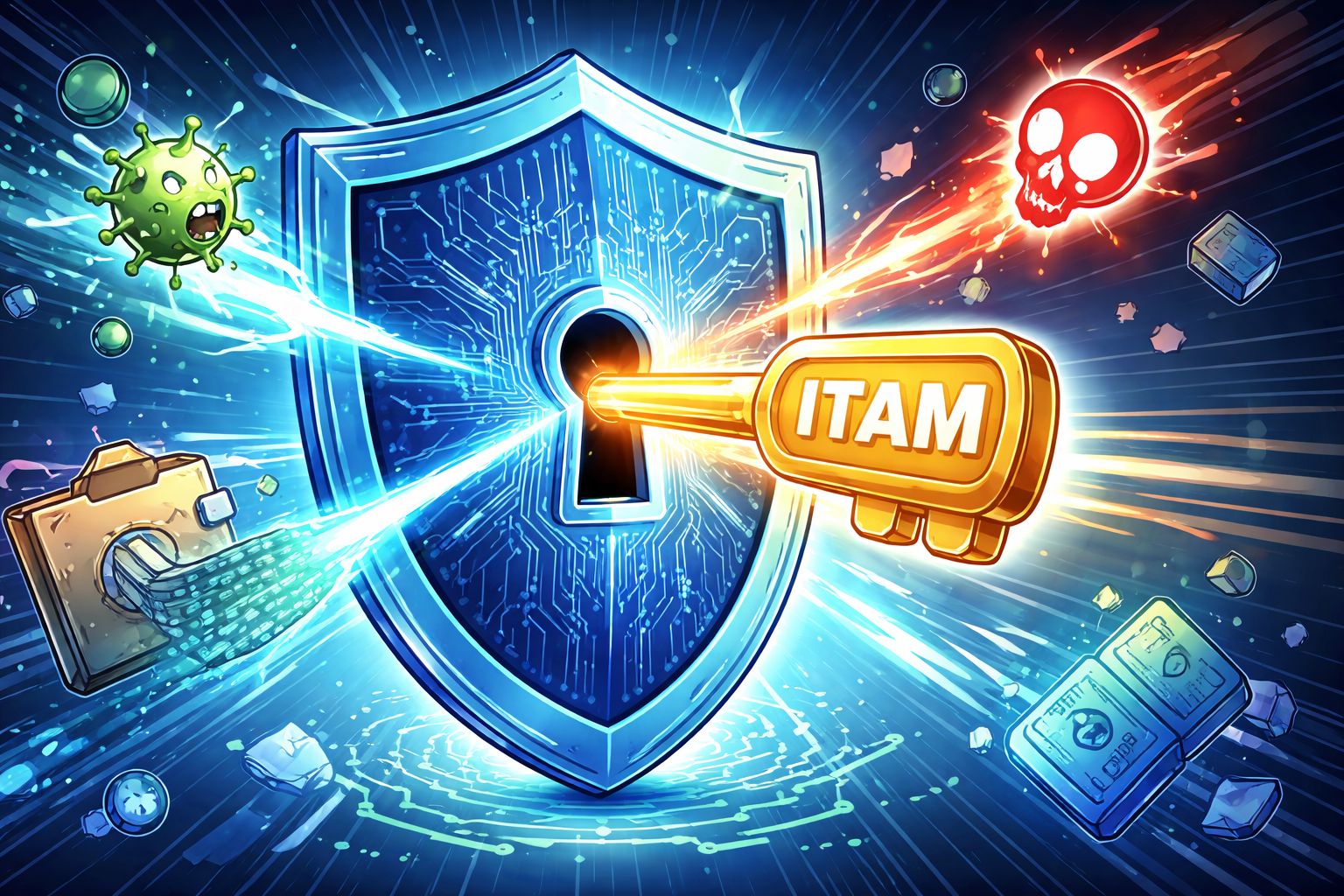 A digital shield with a key labeled ITAM blocking malware and threats for cybersecurity protection.