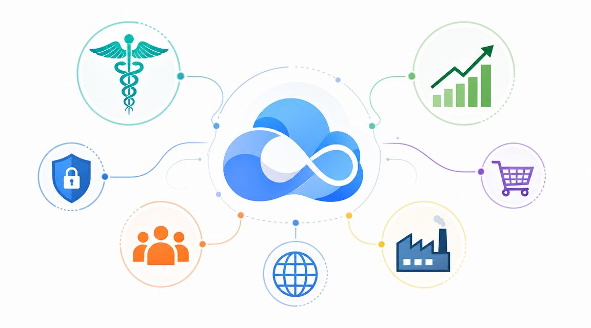 A digital graphic showing a central cloud icon connected to various industry symbols representing cloud computing services.