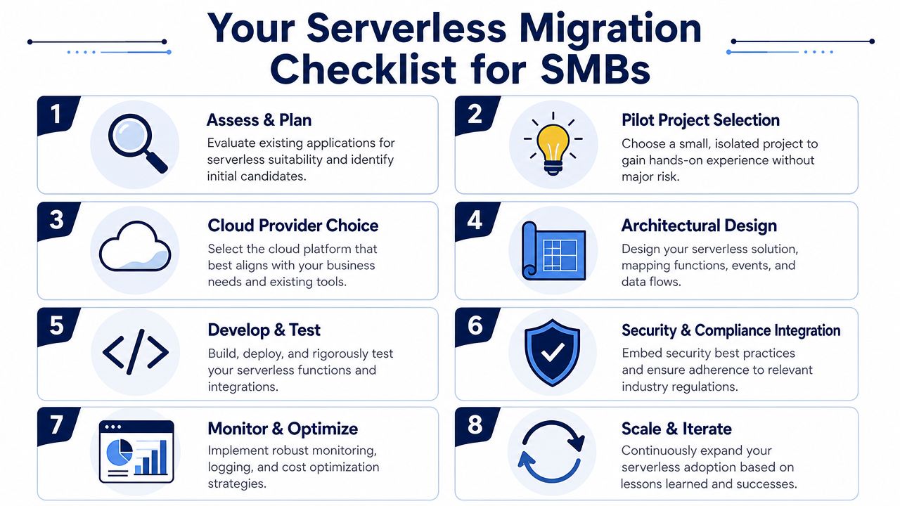 A step-by-step checklist infographic for small and medium businesses migrating to a serverless architecture.