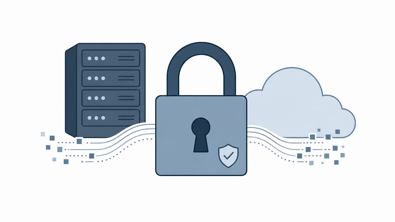 A server rack connected to a cloud symbol through a secured padlock icon representing digital data security.