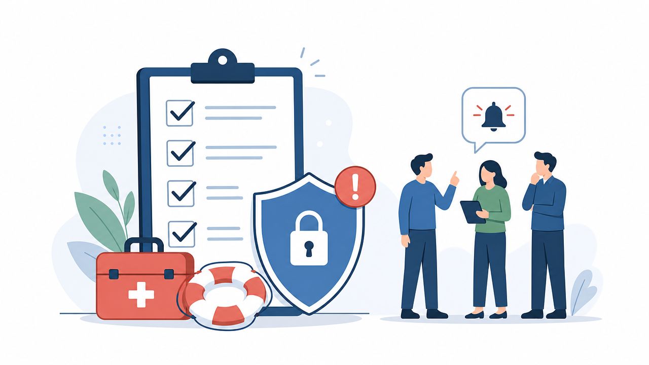 A digital illustration showing a clipboard checklist, security shield, first aid kit, and people discussing security issues.