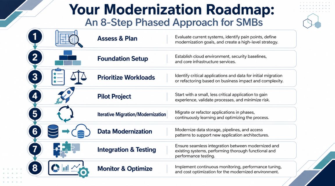 An infographic illustrating an eight-step phased modernization roadmap for small and medium businesses including planning and migration.