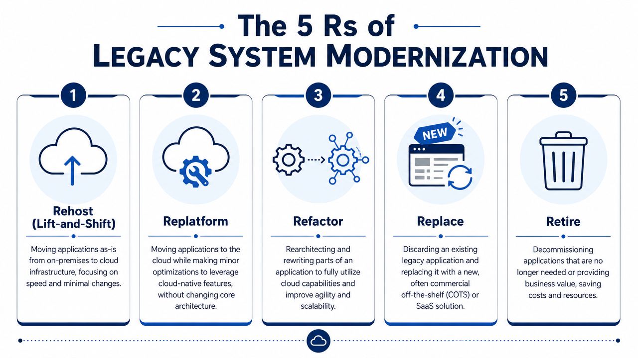 An infographic detailing the 5 Rs of legacy system modernization: rehost, replatform, refactor, replace, and retire.