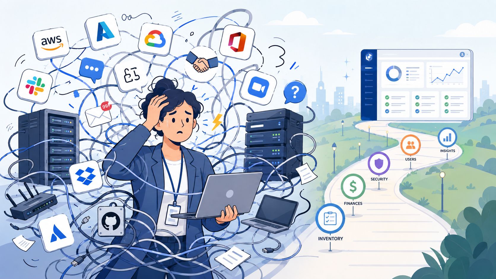 A person feeling overwhelmed by complex IT infrastructure management, contrasting with a streamlined digital dashboard solution.