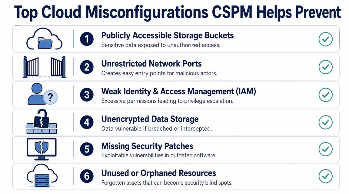 An infographic showing the top six cloud misconfigurations that CSPM helps prevent in enterprise environments.