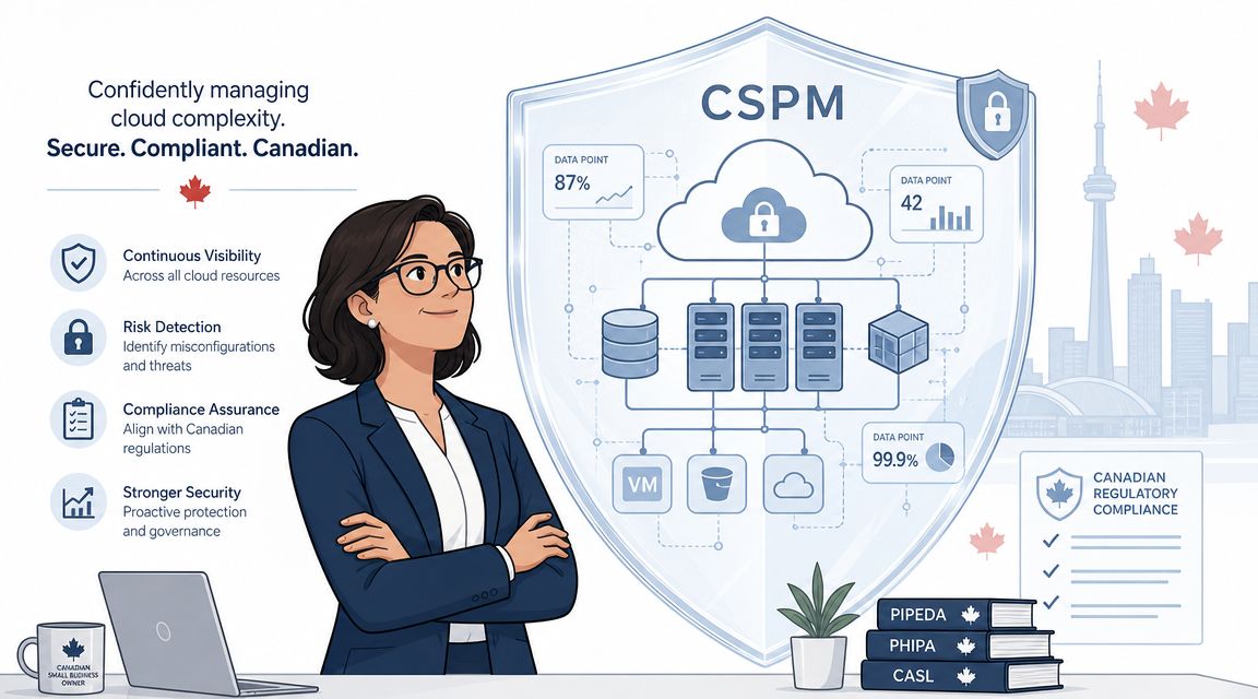 A professional woman standing beside a visual representation of cloud security posture management software for Canadian businesses.