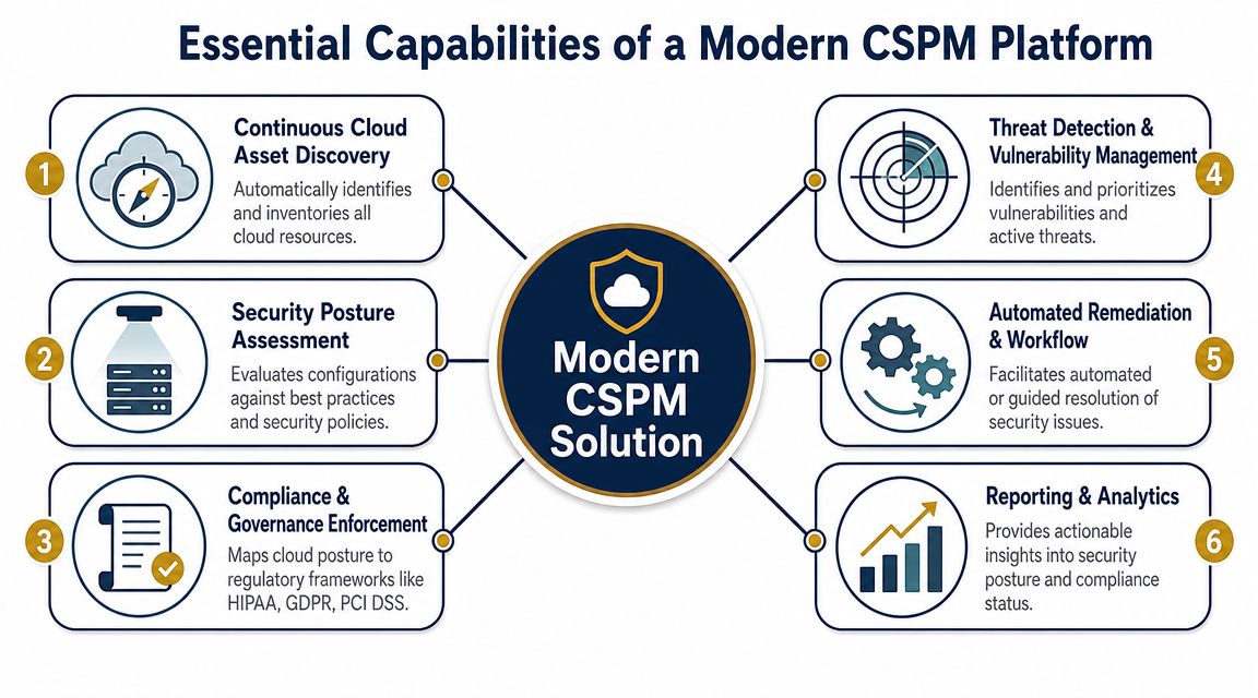 A diagram illustrating the six essential capabilities of a modern cloud security posture management platform.