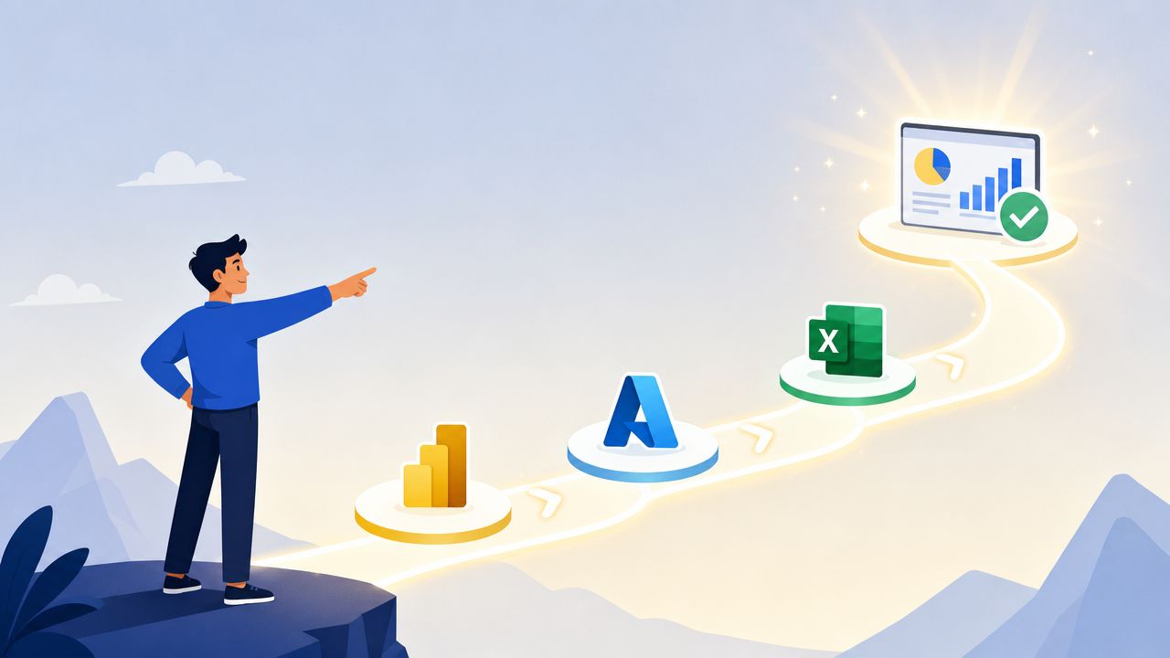 A professional man pointing toward a path leading to data analytics dashboard icons and software symbols.