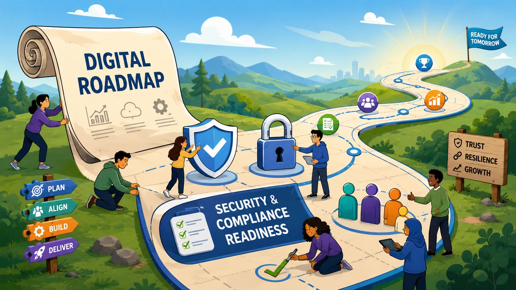 A digital transformation roadmap illustration featuring a team working on security, compliance, and growth milestones along a path.