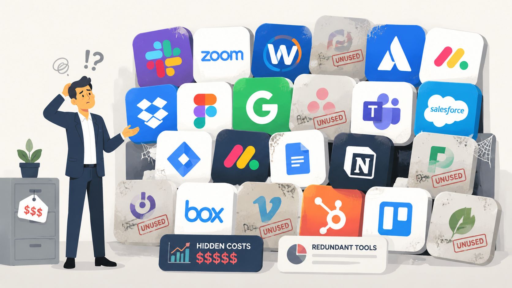A confused businessman looking at a chaotic wall of various software application icons representing hidden costs.