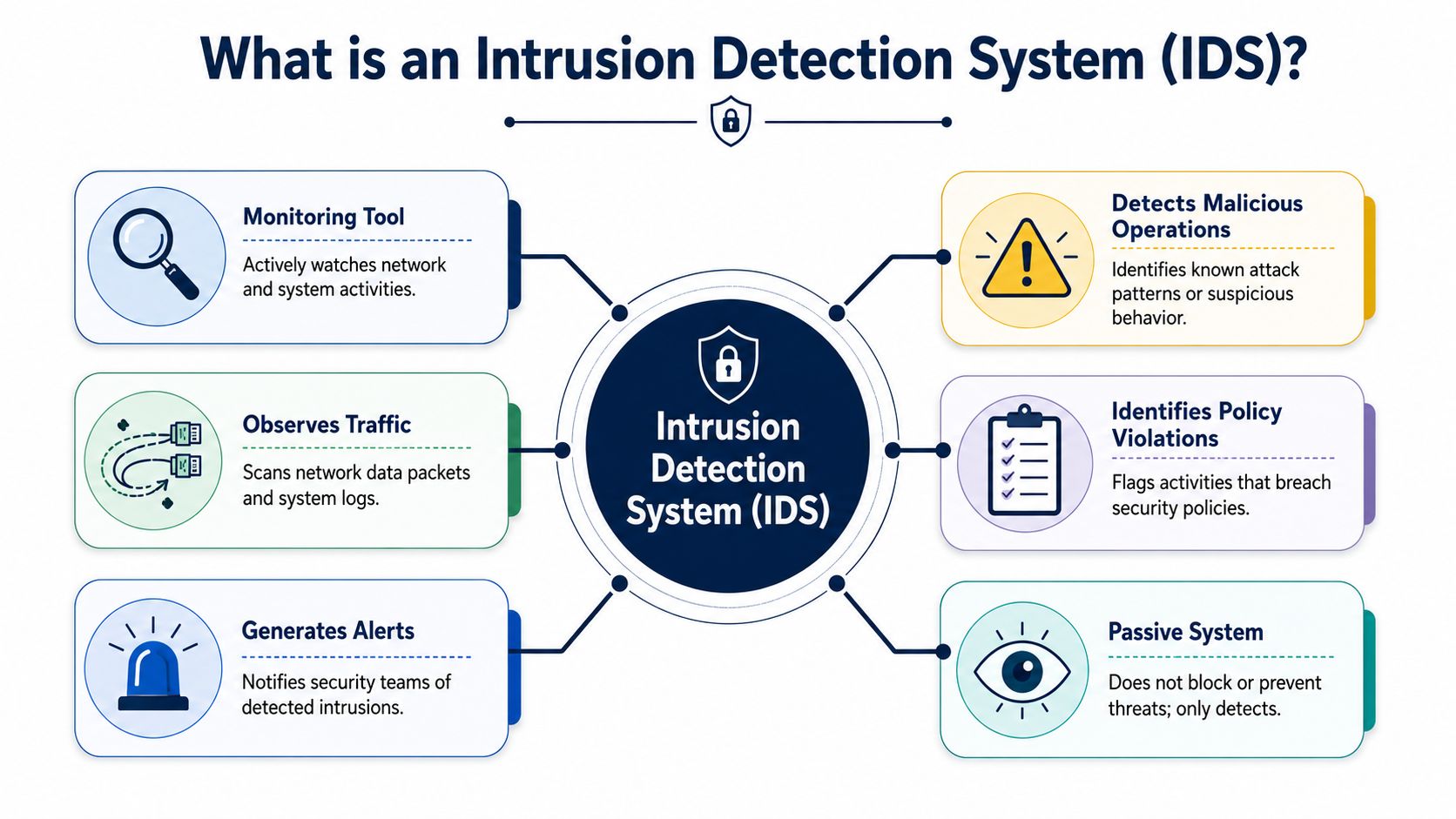 A diagram explaining the functions of an intrusion detection system including monitoring, traffic analysis, and alerts.