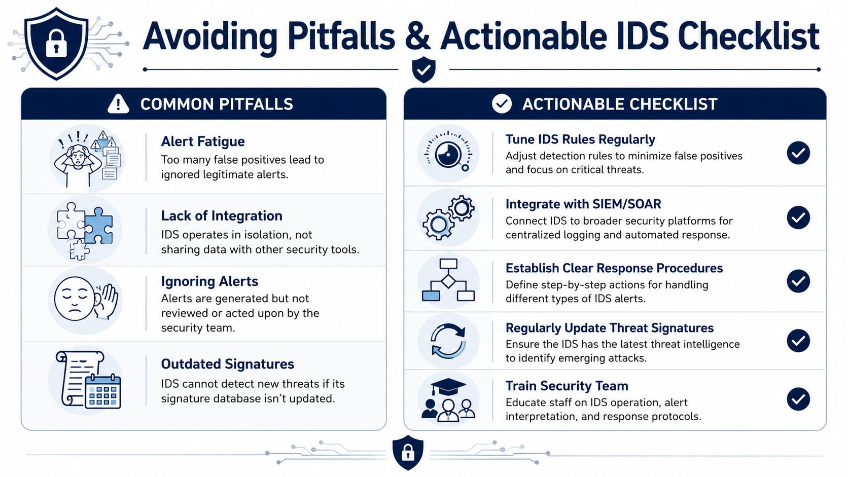 An infographic titled Avoiding Pitfalls & Actionable IDS Checklist listing common security challenges and best practices.