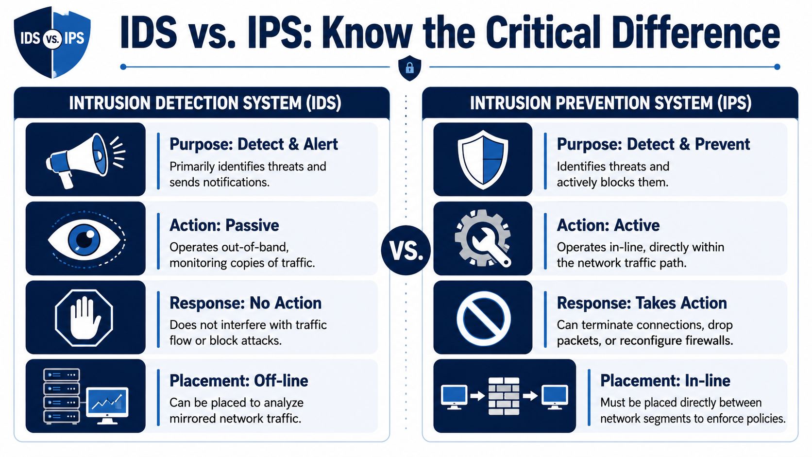 A comparison chart explaining the technical differences between intrusion detection systems and intrusion prevention systems in networks.
