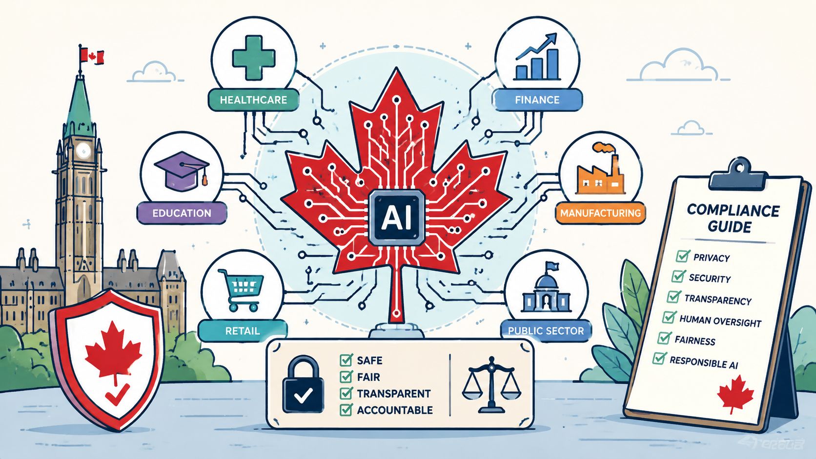 A digital illustration showing the Canadian AI governance framework, featuring various industry sectors and compliance principles.