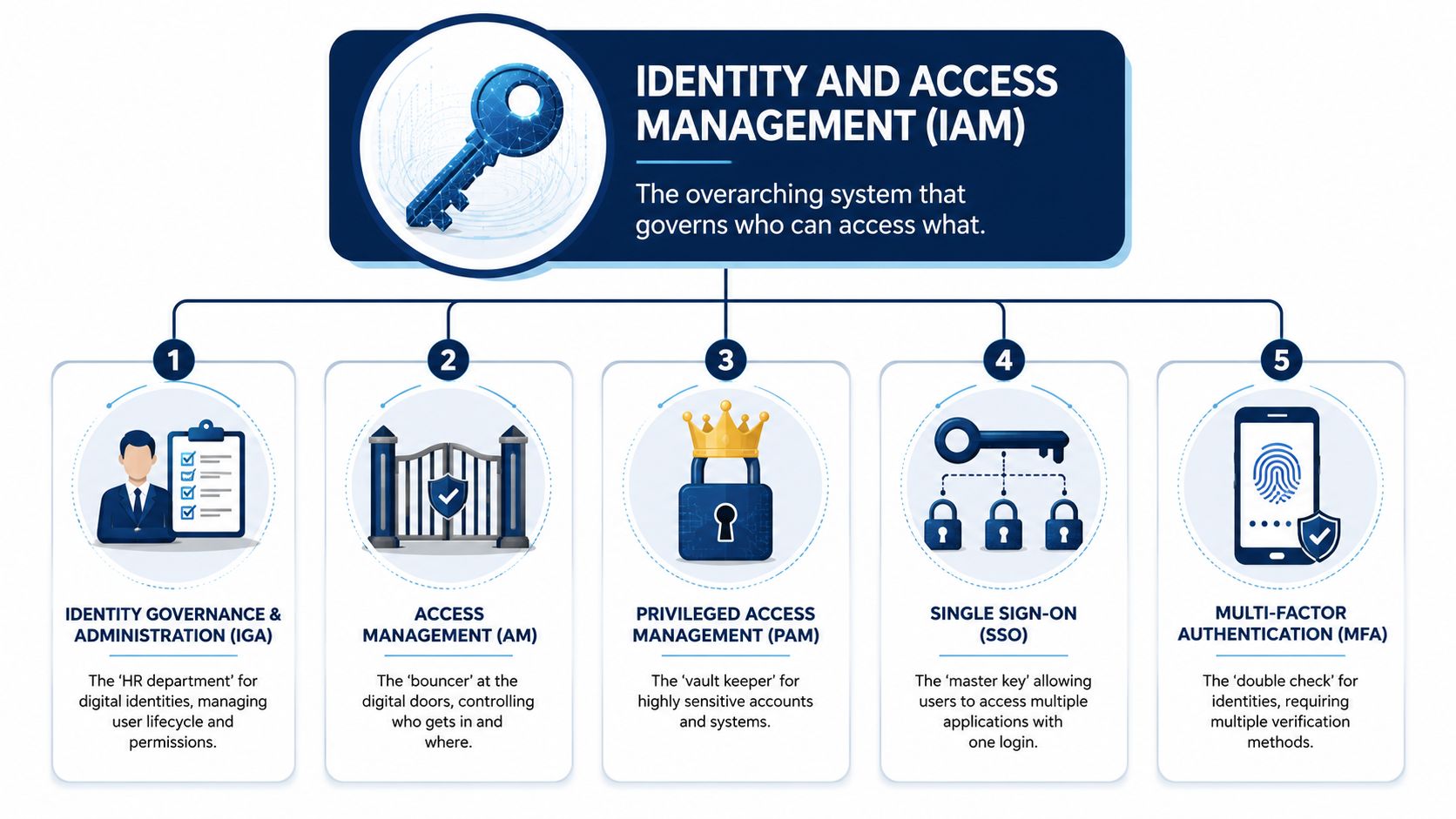 An infographic diagram outlining the five core components of Identity and Access Management in a business environment.
