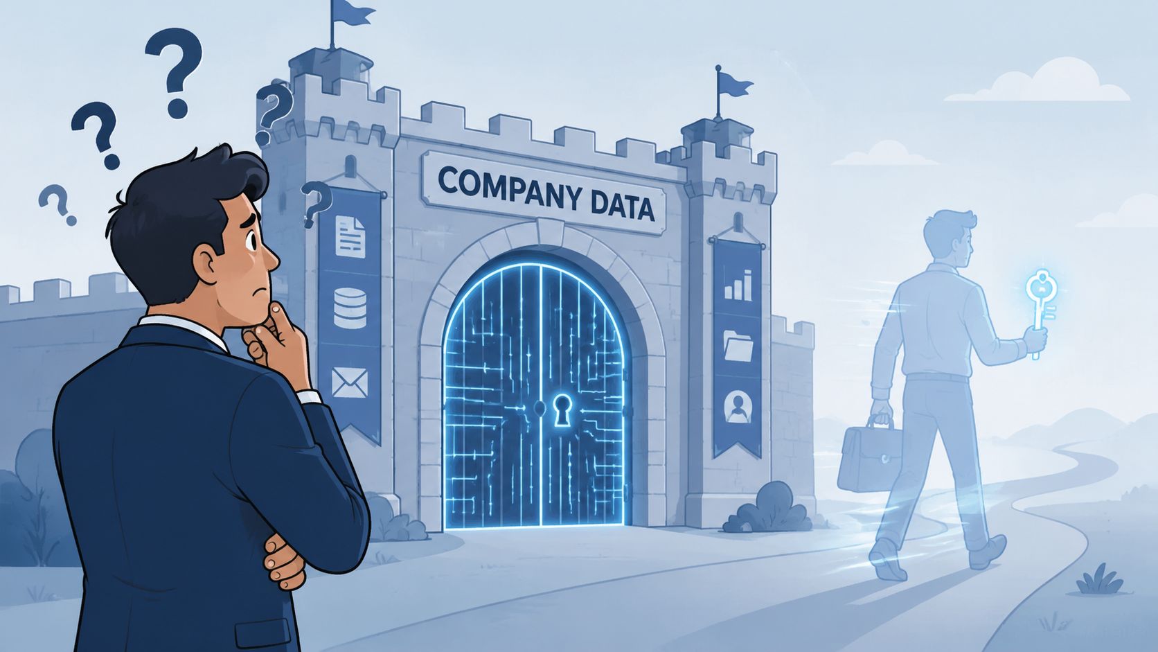 A confused businessman looks at a secure castle representing company data while a transparent person walks away.
