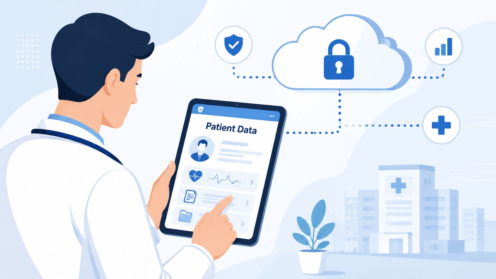 A doctor uses a tablet to access secure patient data connected to a cloud hospital system.