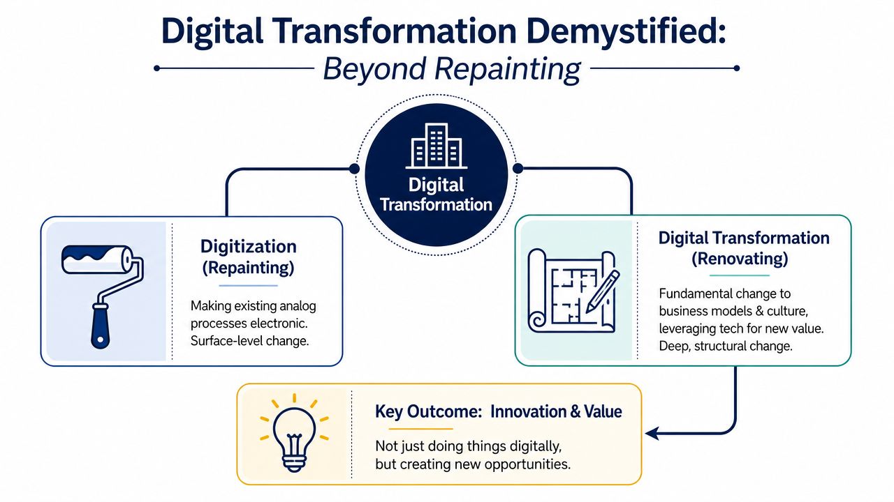 A diagram contrasting digitizing existing processes with the fundamental business model changes of digital transformation.
