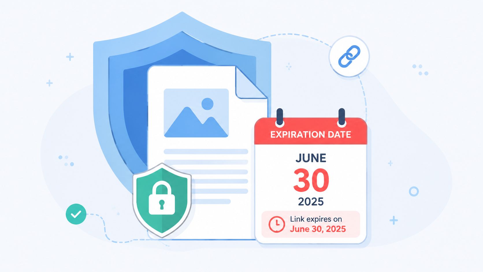 An icon representing secure OneDrive file sharing with a document, shield, padlock, and expiration date calendar.