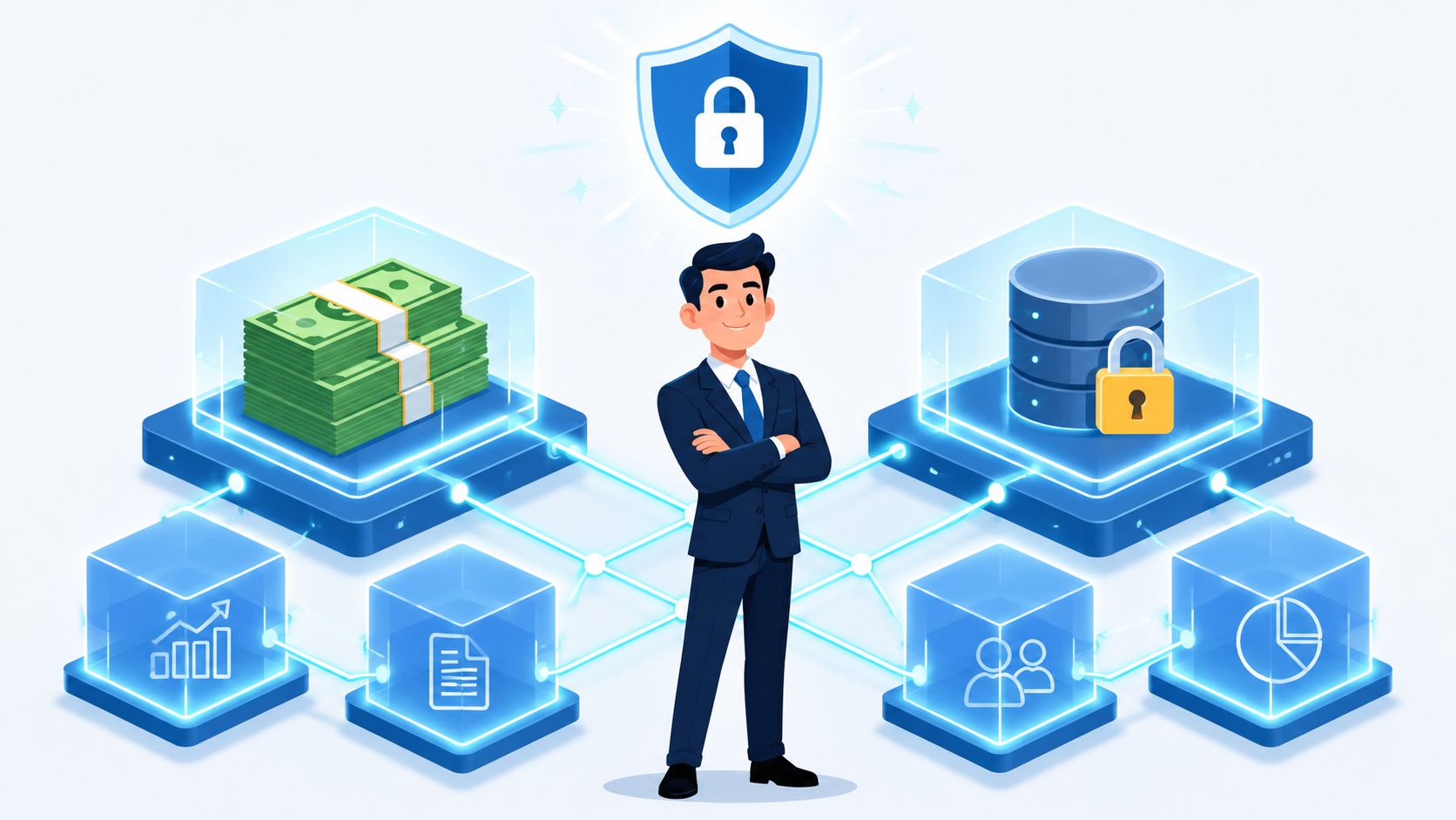 A professional man standing between digital platforms representing financial data, database security, and various business analytic icons.