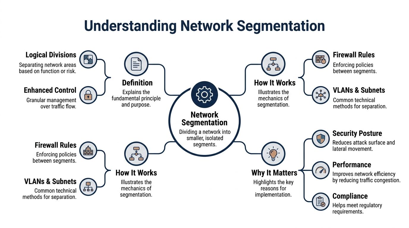 A diagram illustrating the concept of network segmentation, covering its definition, mechanics, and importance for security.