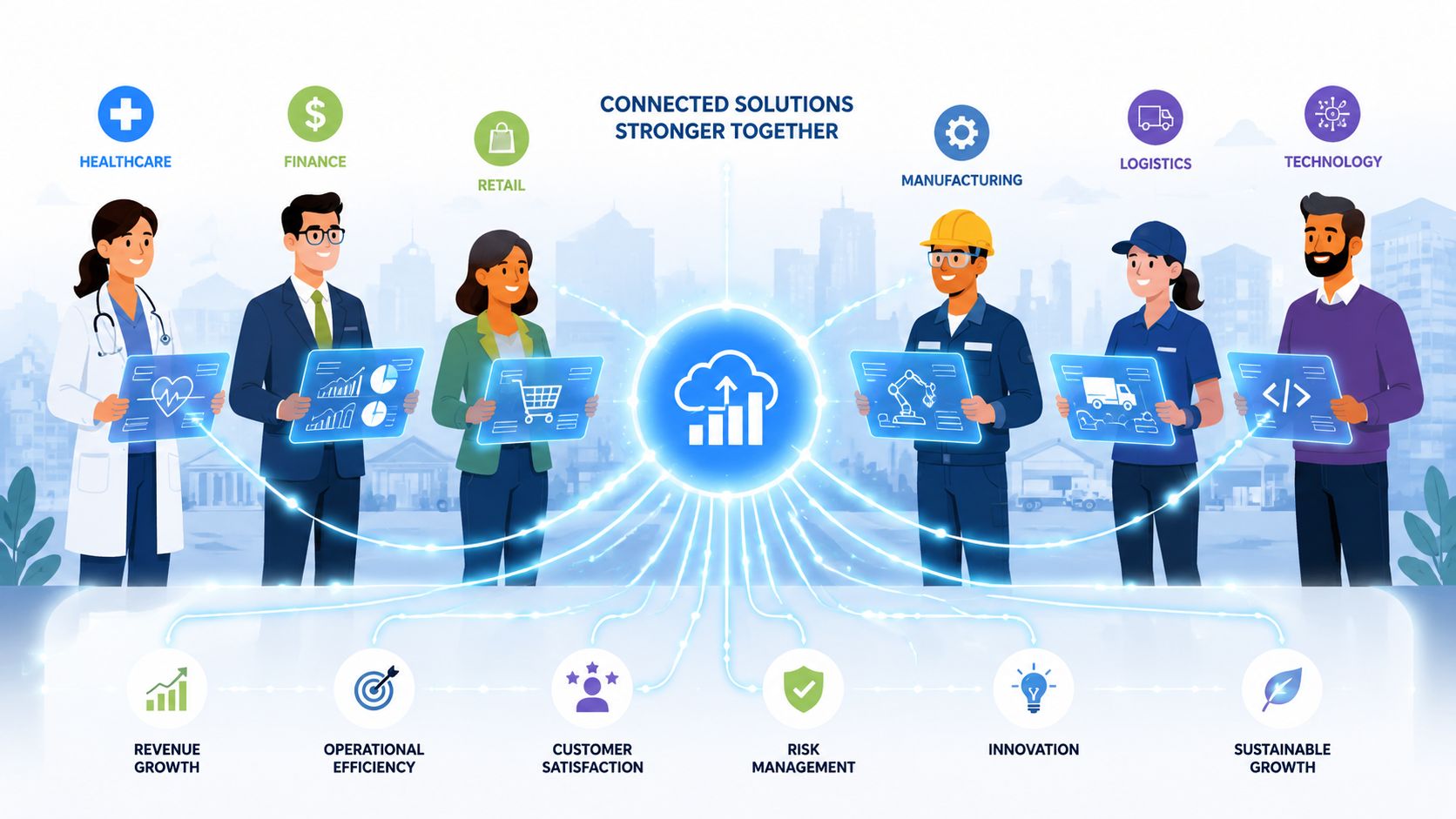 A digital illustration showing professionals from various industries connected to a central cloud analytics hub.