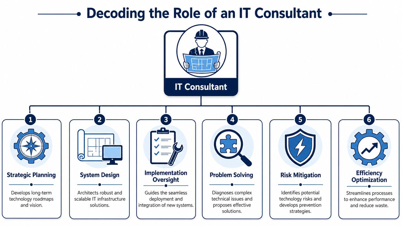 An infographic titled Decoding the Role of an IT Consultant, illustrating six key responsibilities through icons.