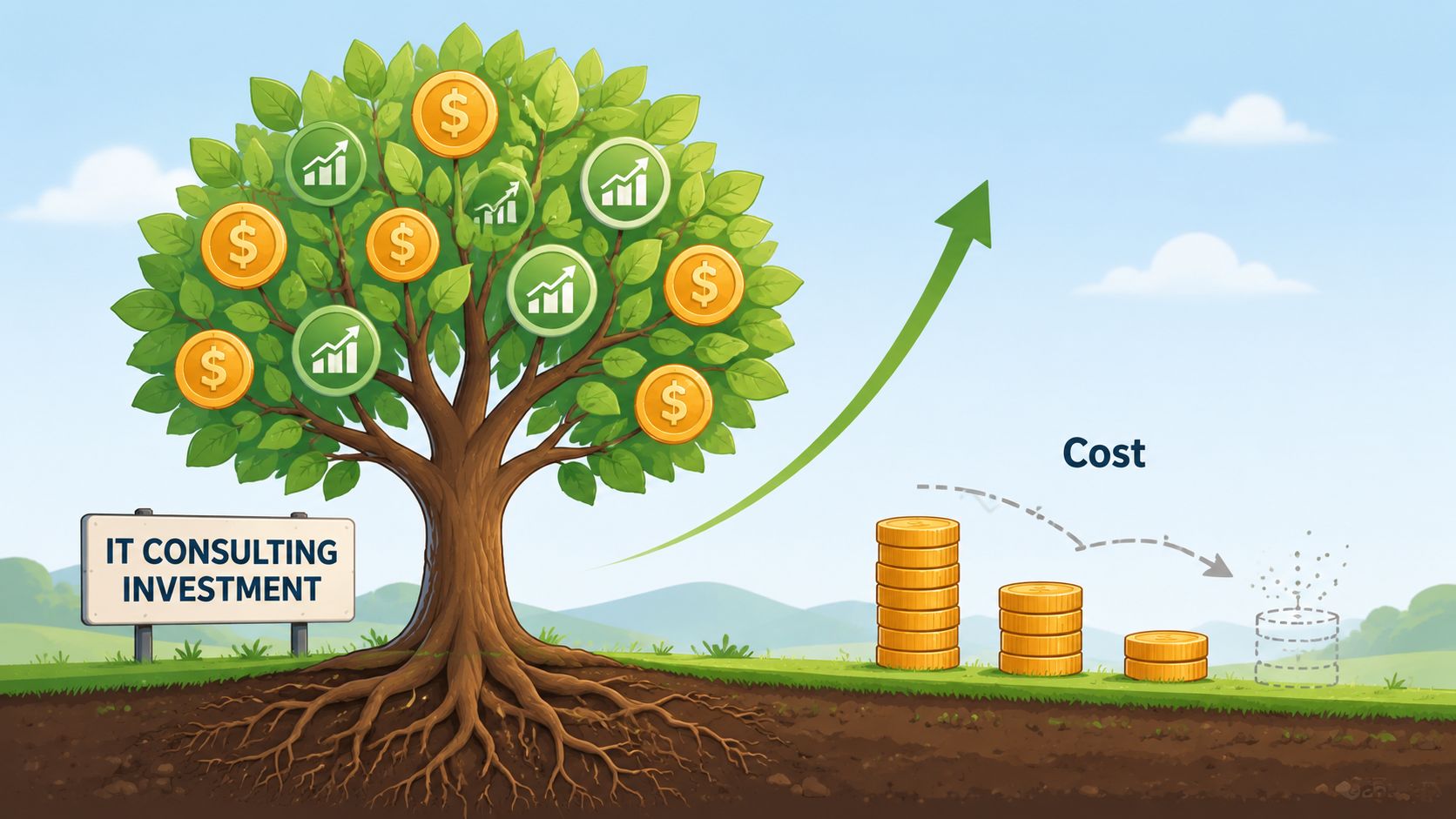 A digital illustration representing IT consulting investment leading to growth and reduced business costs over time.