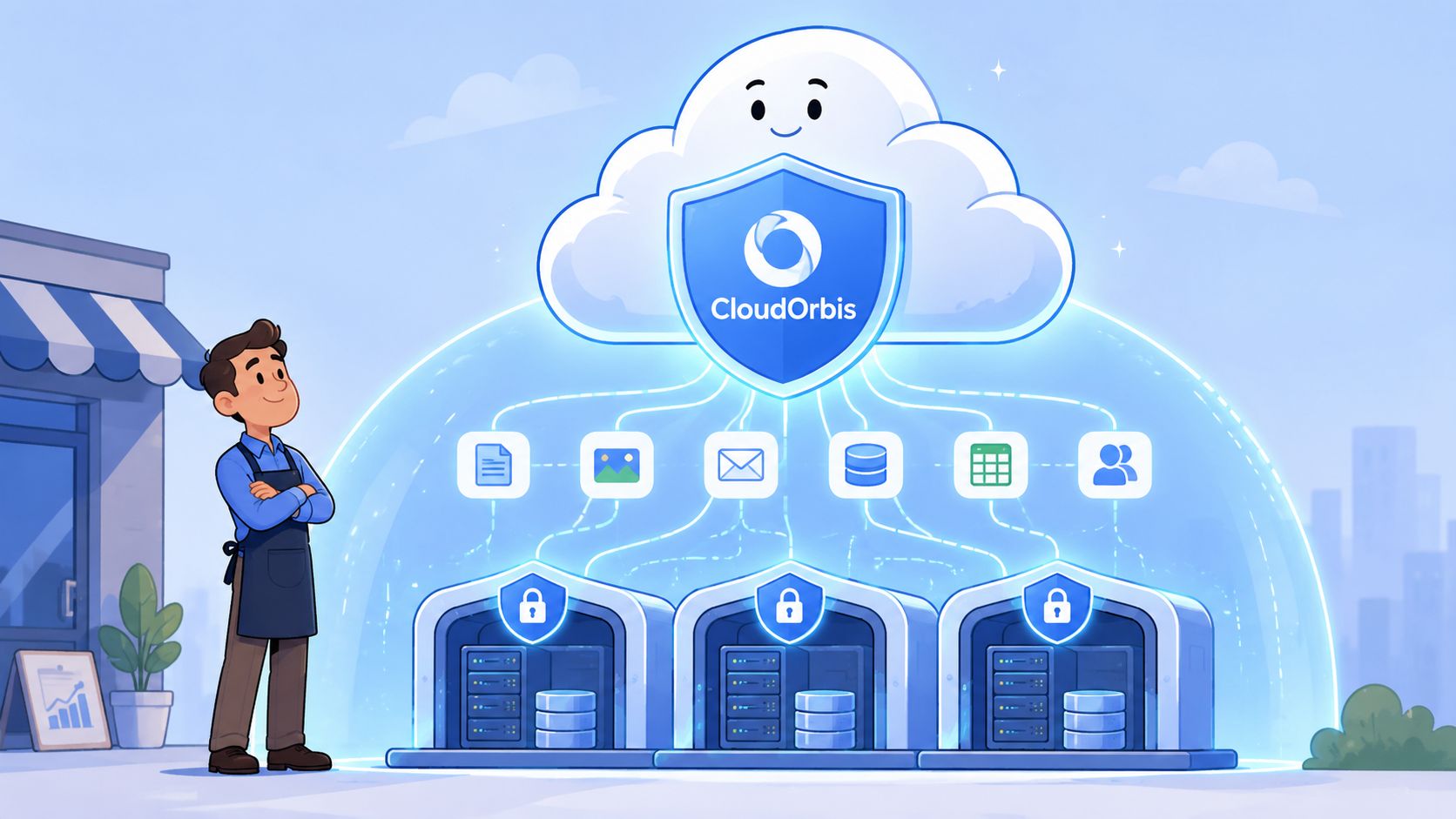 A person standing by server racks protected by a cloud security shield, representing cloud data protection services.