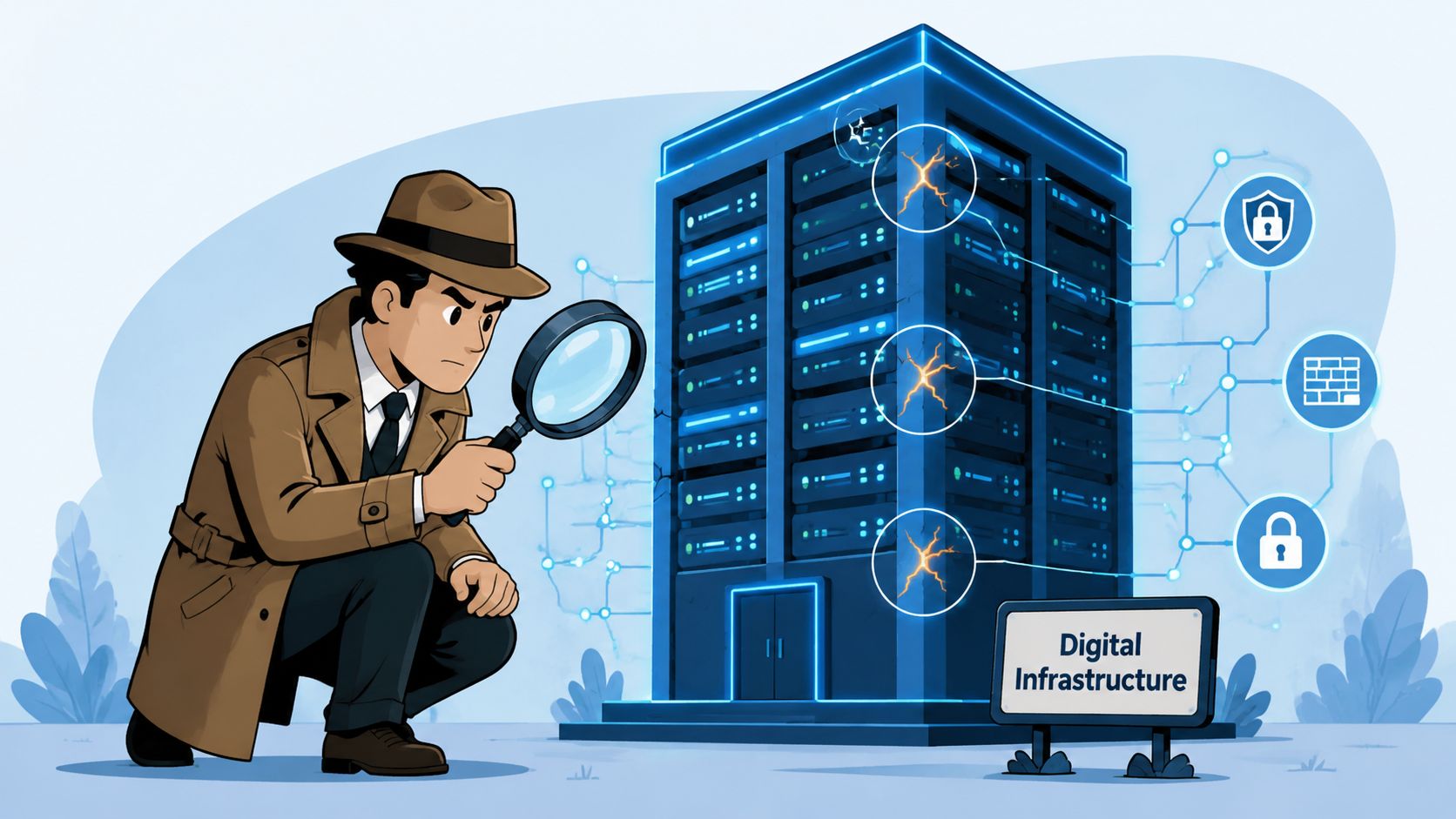 A detective examines a digital infrastructure server rack with magnifying glass to identify security vulnerabilities and issues.