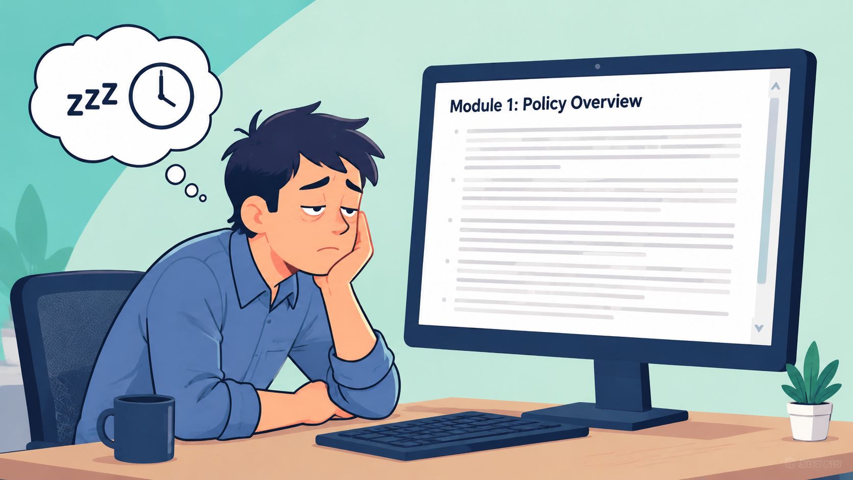 An exhausted office employee looking bored while viewing a long policy training module on his computer screen.