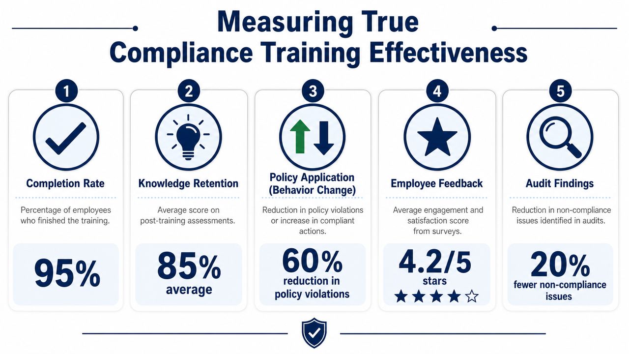 An infographic titled Measuring True Compliance Training Effectiveness showing five key metrics for assessing training success.