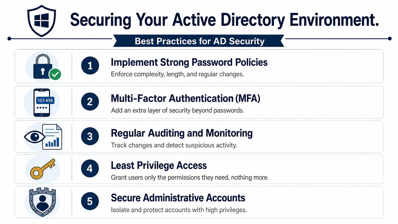 An infographic listing five best practices for securing an Active Directory environment through improved IT security policies.
