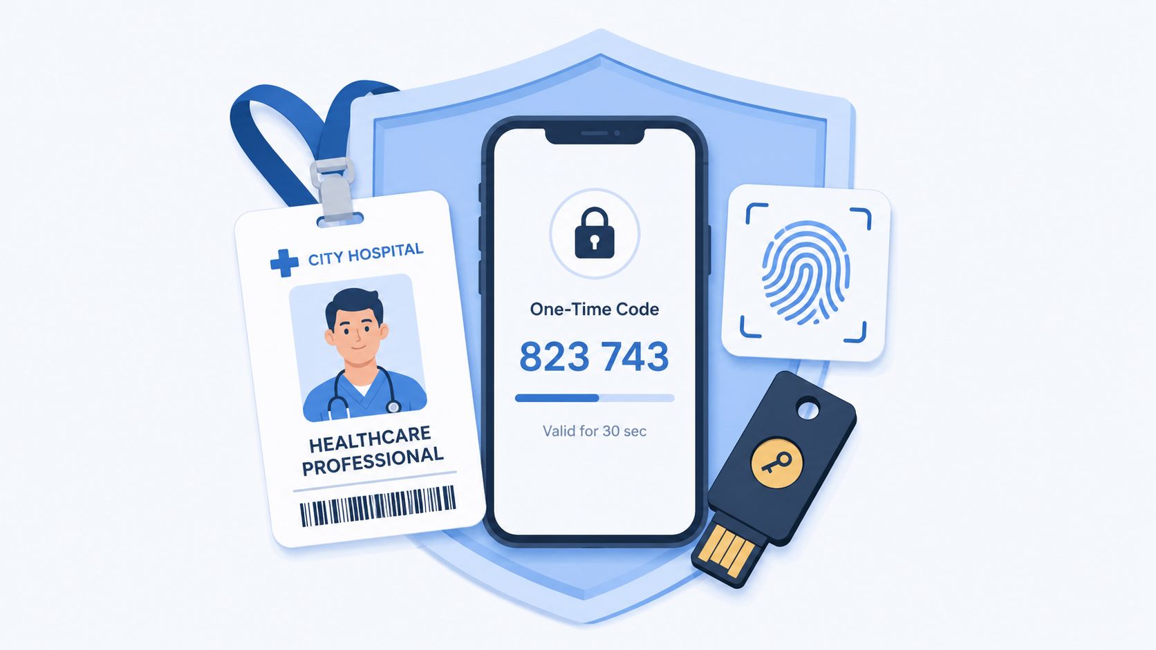 A digital illustration representing healthcare security with a professional ID card, smartphone authentication code, fingerprint, and key.