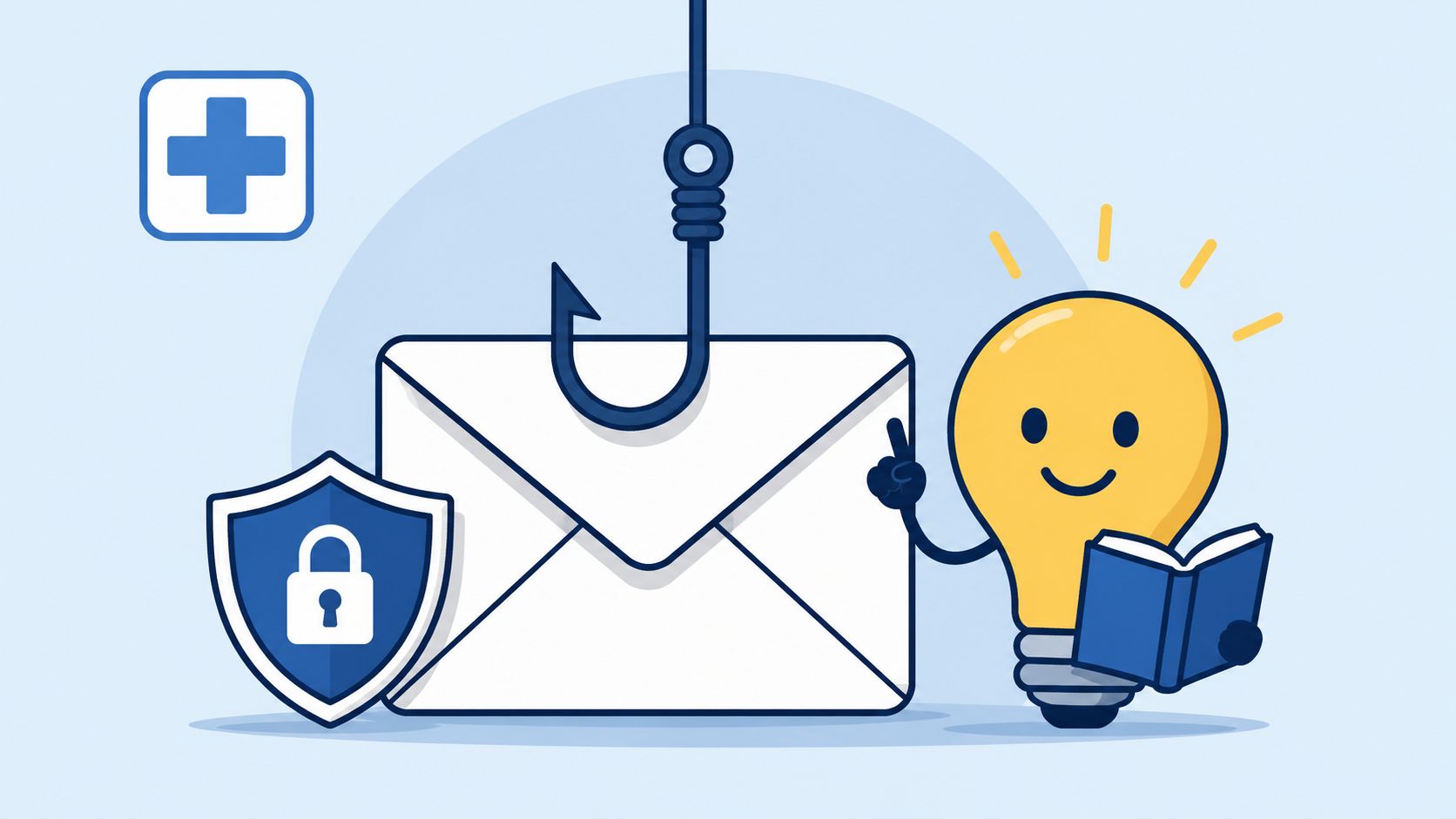 A cartoon lightbulb character reads a book next to a protected envelope being caught by a fishing hook.