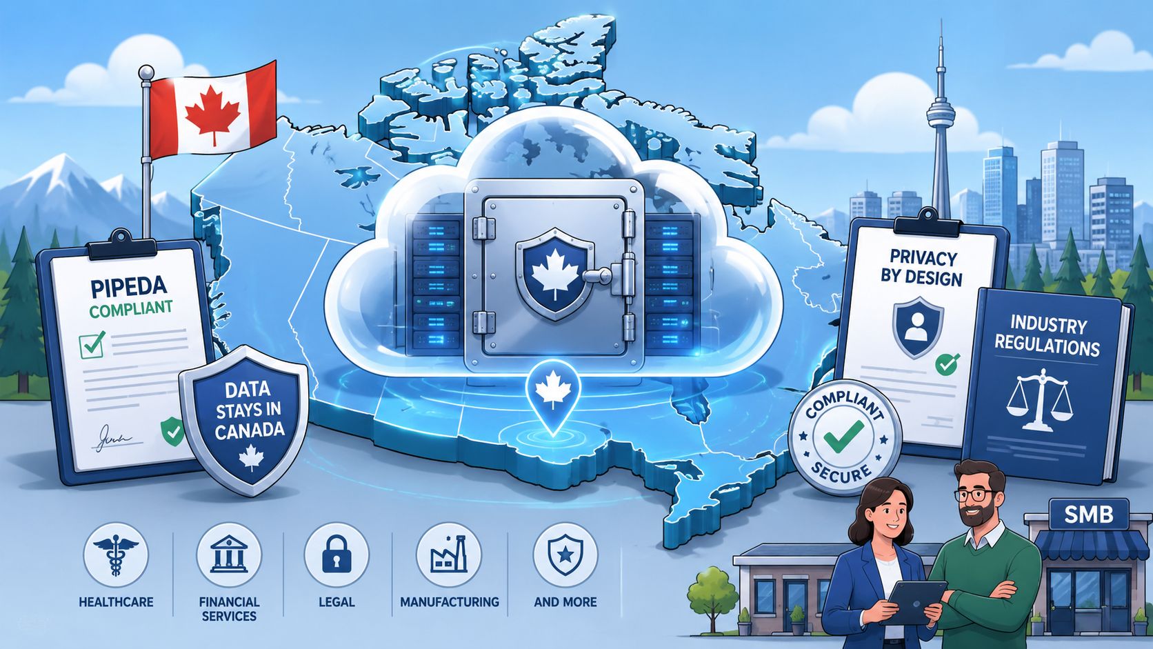 A digital illustration showing a secure Canadian cloud server environment compliant with PIPEDA regulations and data privacy.