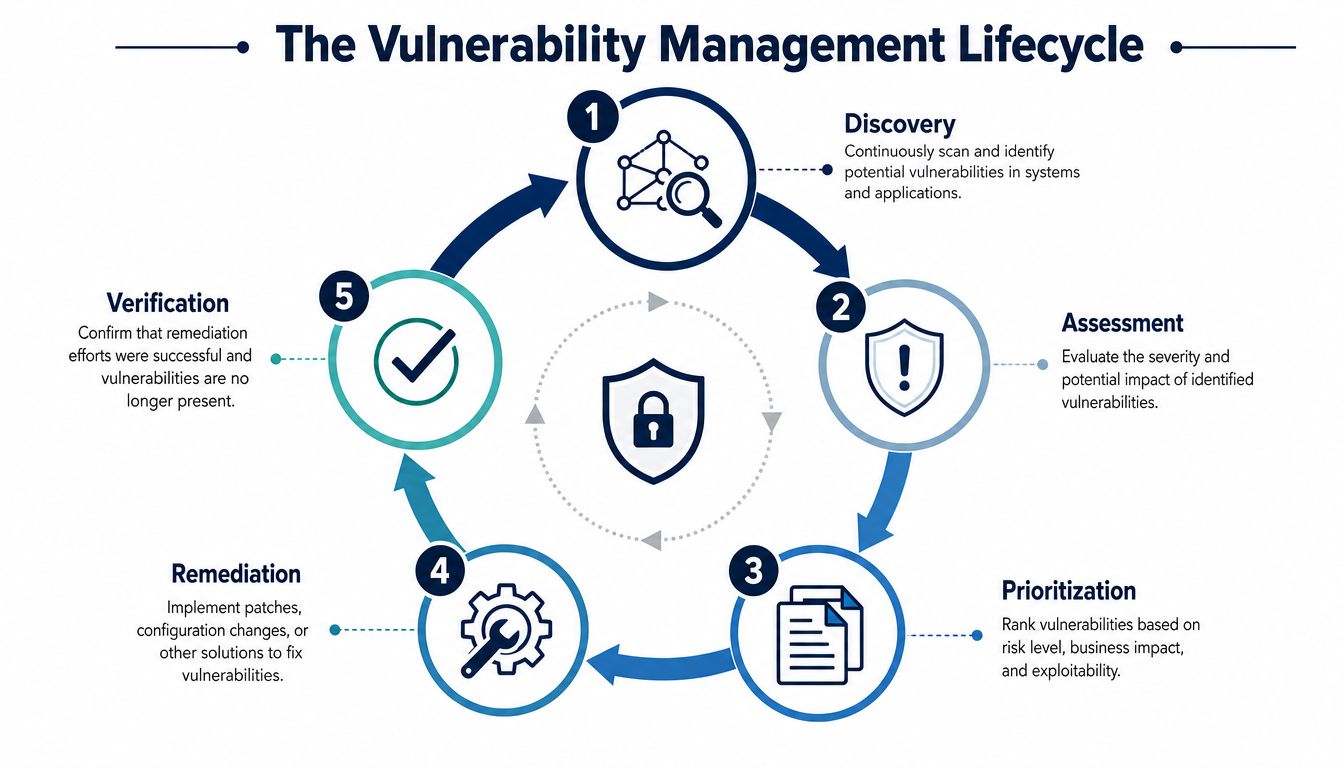 A diagram illustrating the five-step vulnerability management lifecycle, from discovery and assessment to verification.