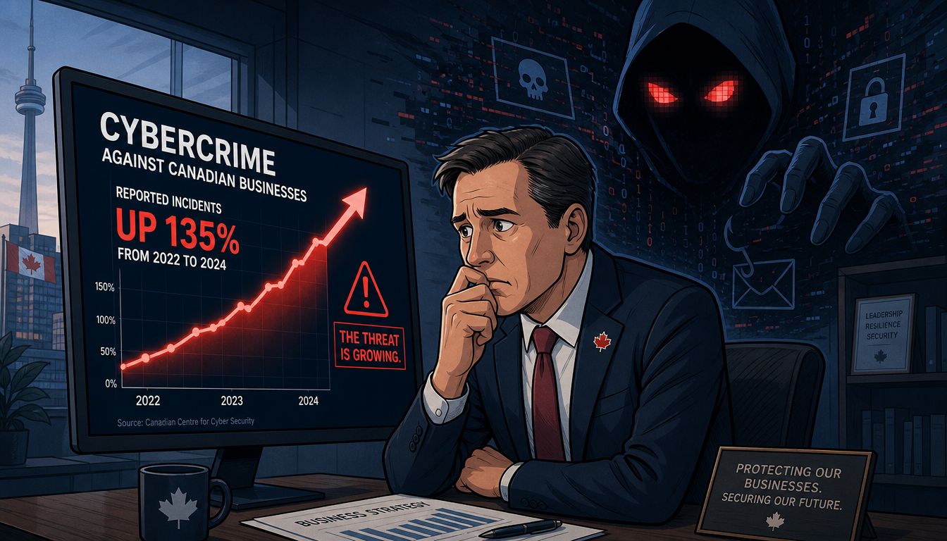 A concerned Canadian professional reviews a chart showing a 135 percent increase in cybercrime against local businesses.