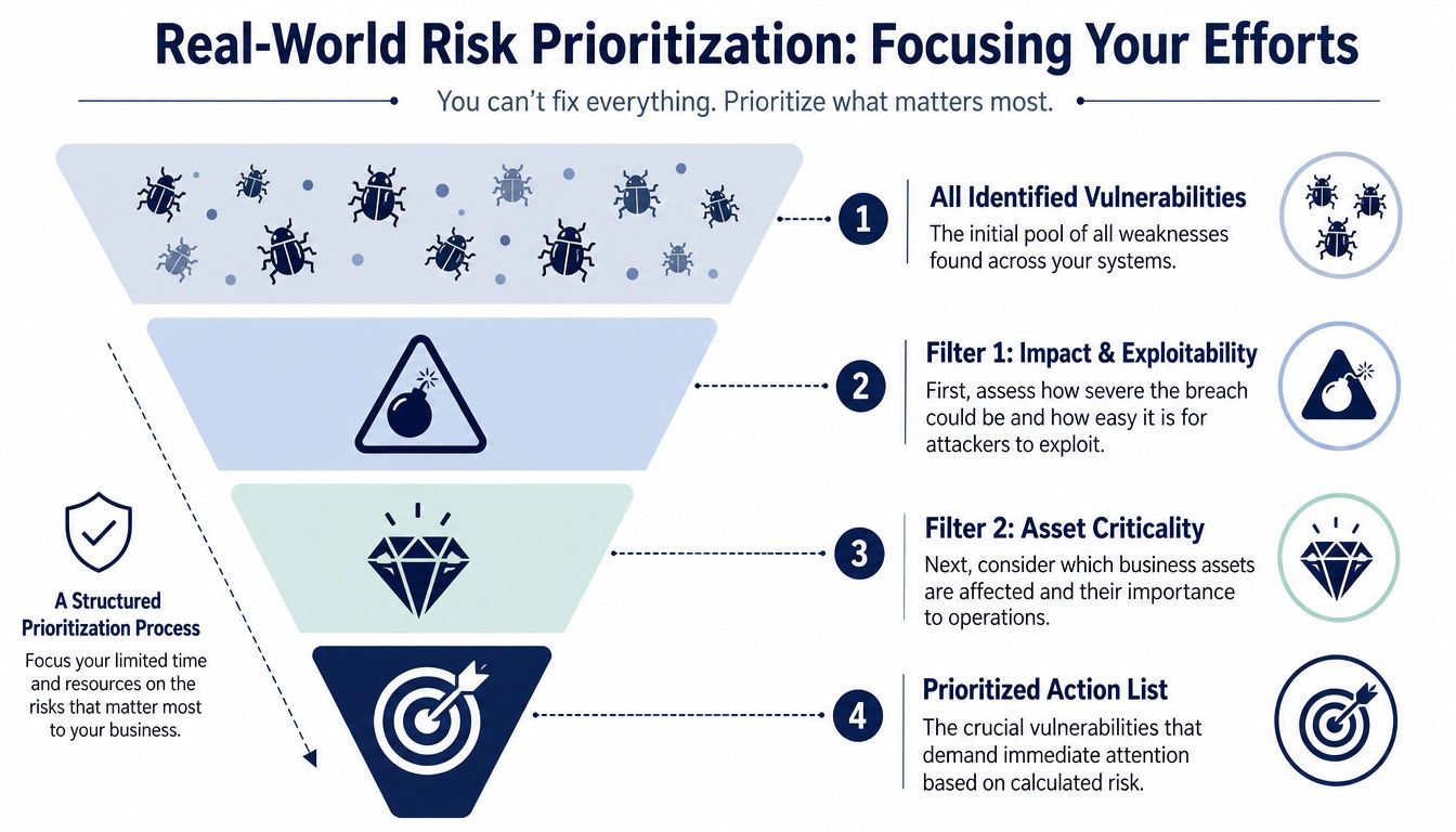A funnel diagram illustrating a structured four-step process for prioritizing cybersecurity risks and vulnerabilities effectively.