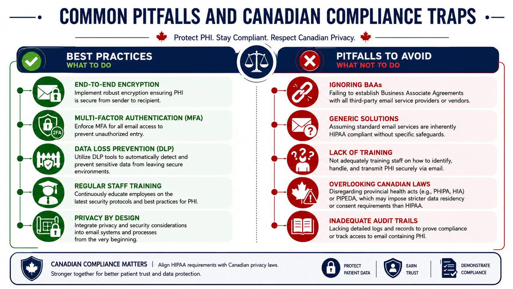 An infographic titled Common Pitfalls and Canadian Compliance Traps outlining best practices and mistakes for protecting patient data.