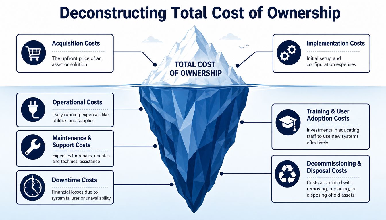 An infographic representing total cost of ownership as an iceberg, highlighting acquisition, operational, maintenance, and disposal costs.