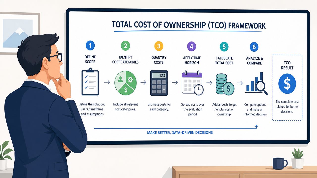 A professional man looking at a six-step Total Cost of Ownership framework infographic displayed on a screen.