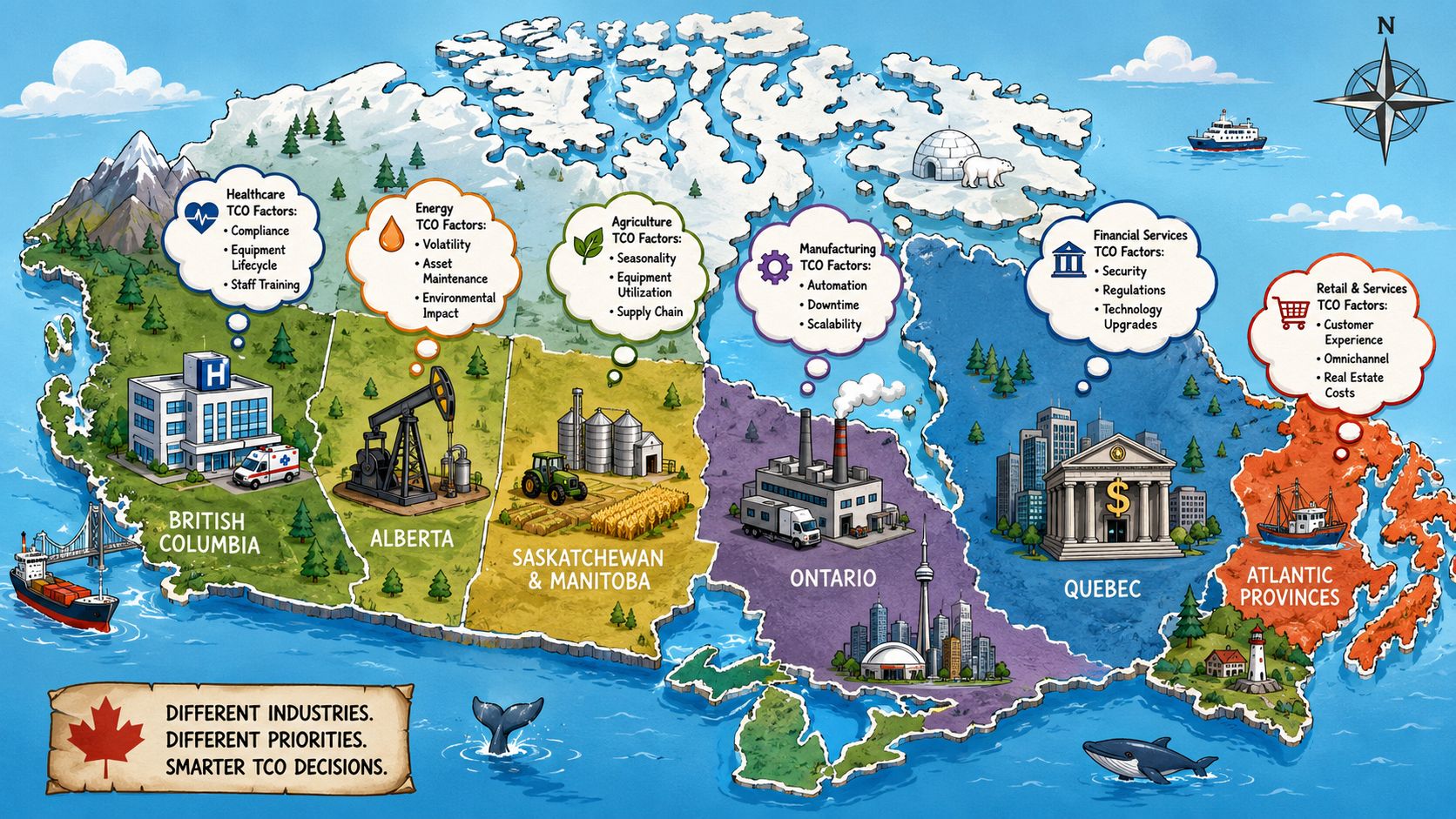 A map of Canada highlighting specific total cost of ownership factors for various key regional industries.