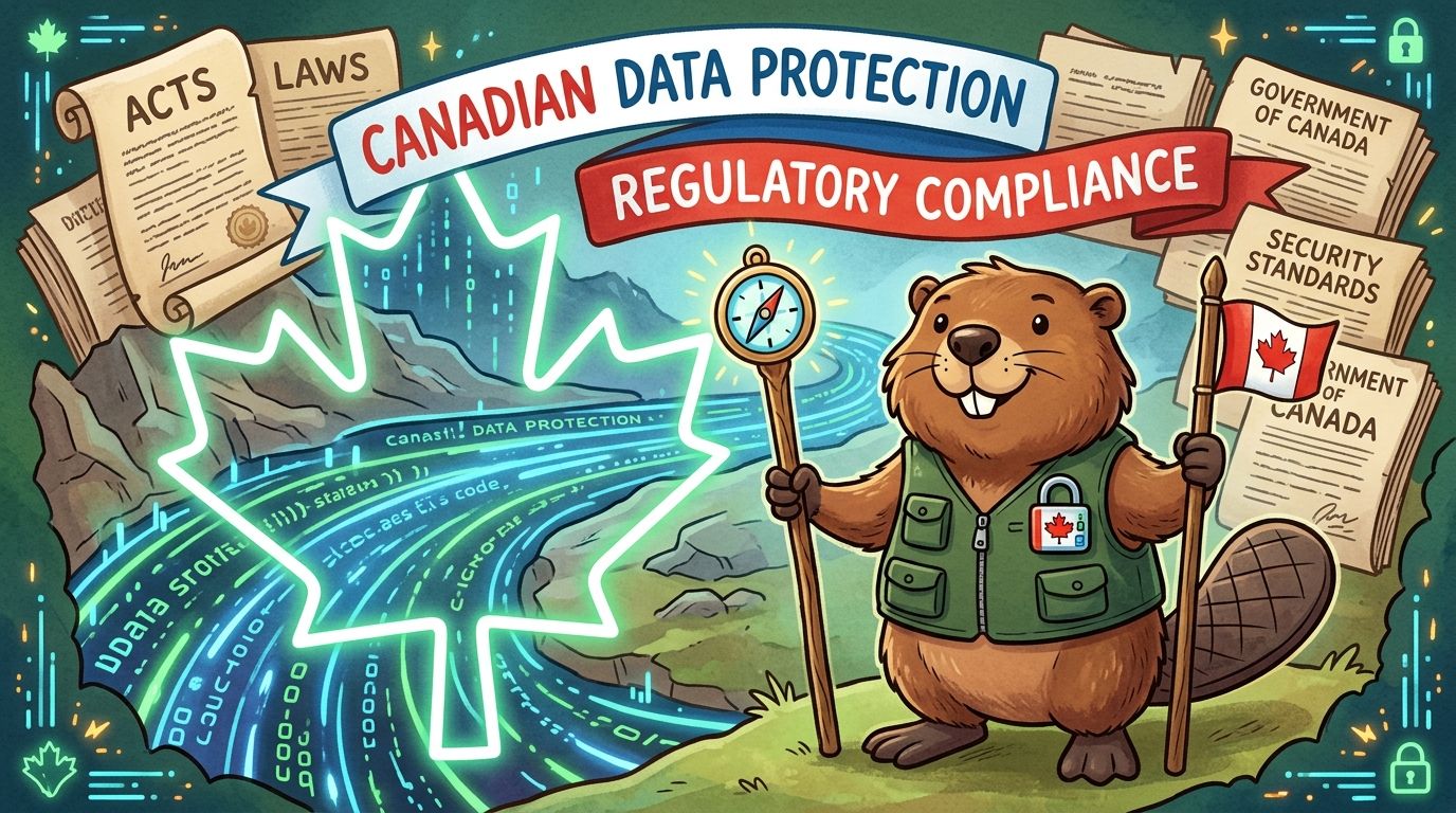 A friendly beaver mascot holds a compass and Canadian flag before a digital maple leaf data stream.
