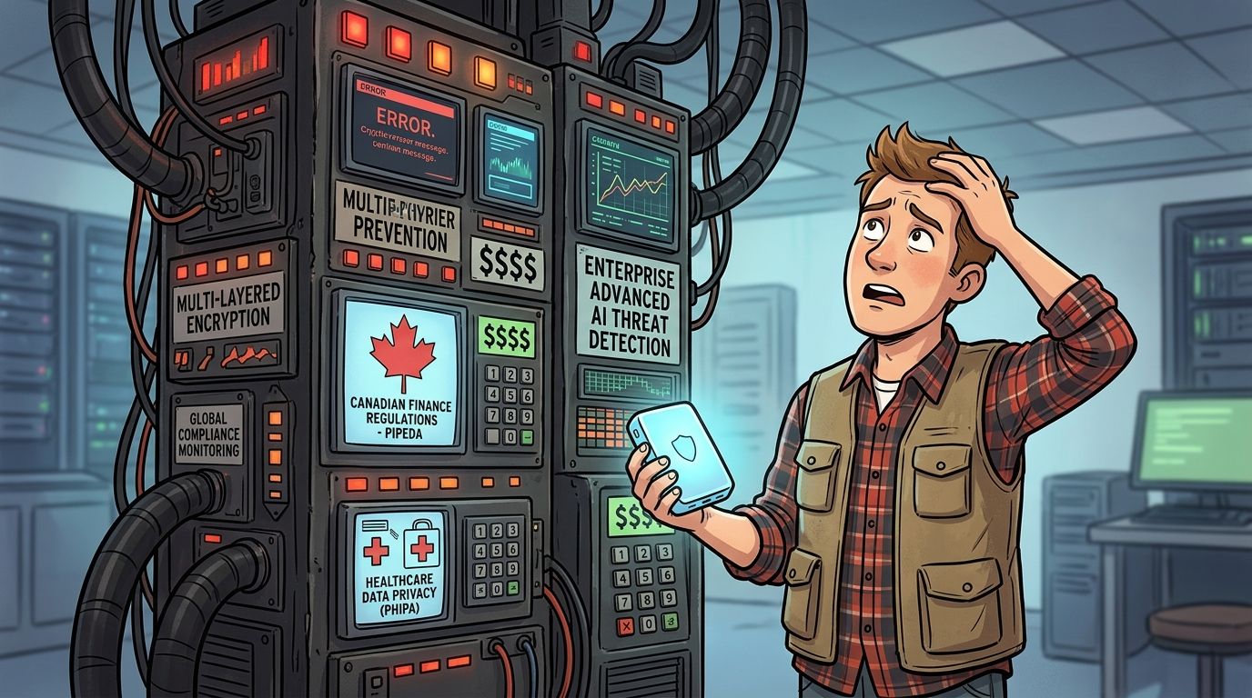 A worried IT worker looking at a server rack displaying various data privacy and compliance error messages.
