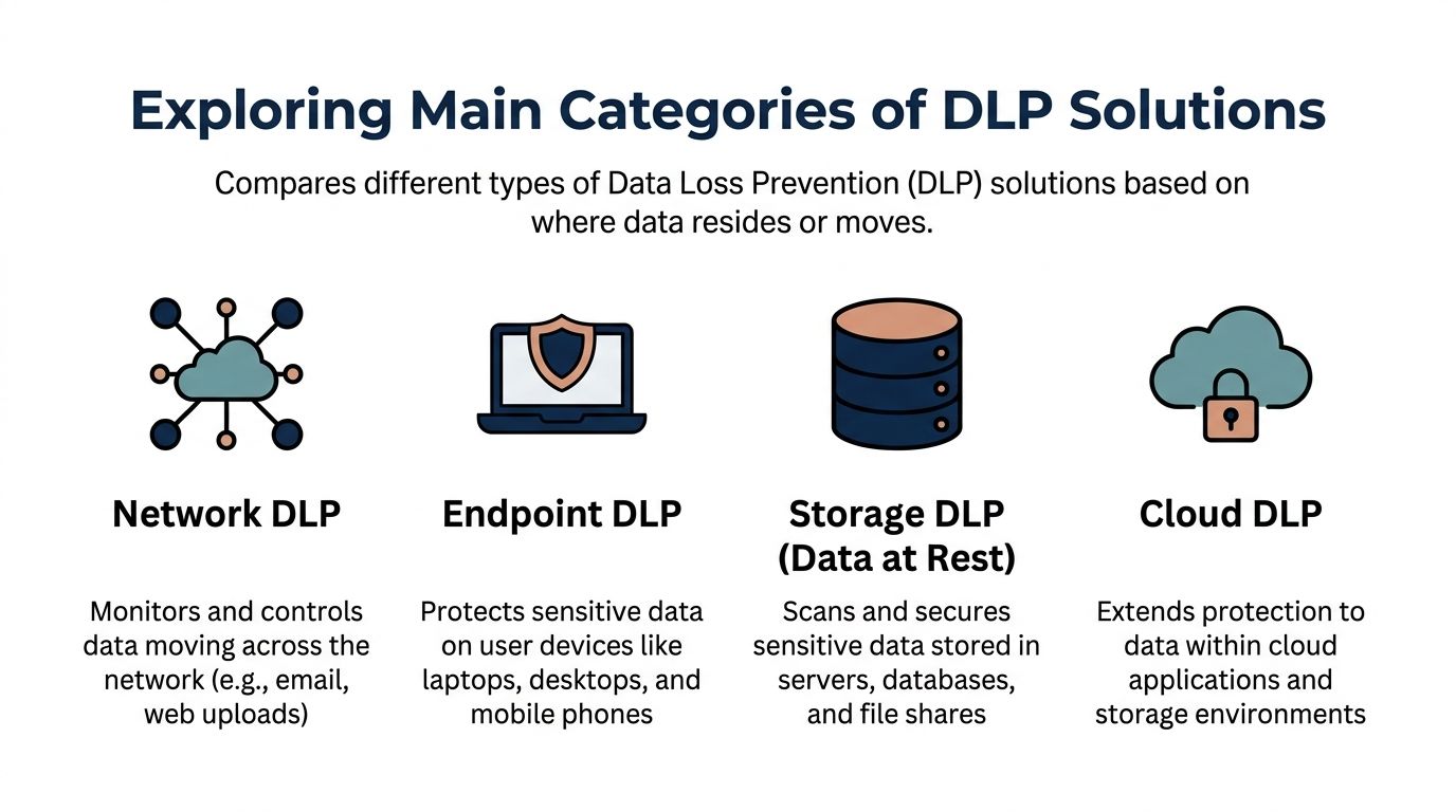 An infographic showing four main categories of data loss prevention solutions including network, endpoint, storage, and cloud.